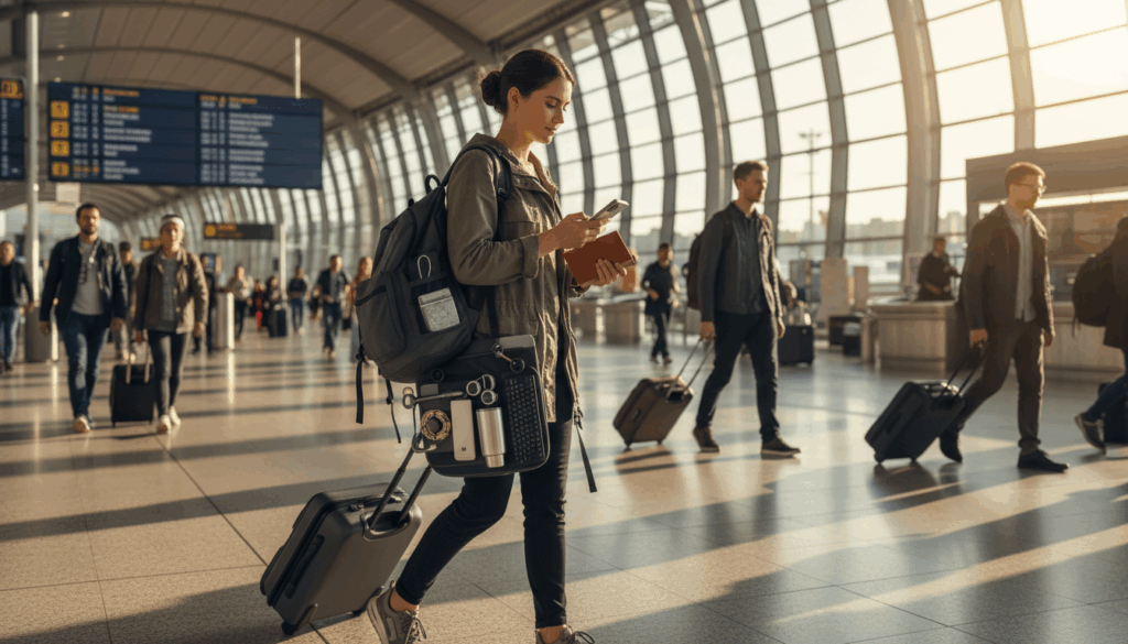 Traveler checking directions, gadgets in backpack, busy airport.