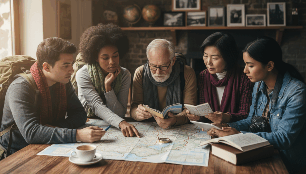 A diverse group of travelers of different ages looking at maps or travel guides, appearing thoughtful and prepared.