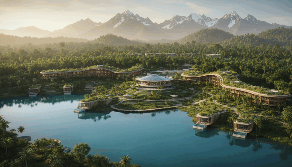 Luxurious eco wellness resort, water, greenery, mountains.