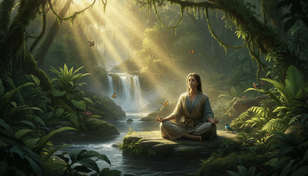 Serene meditation in lush nature at sunrise.
