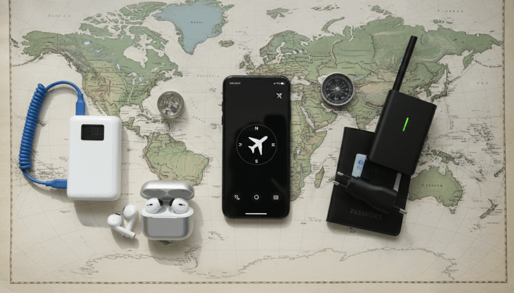 Modern travel gadgets, map: smartphone, power bank, earbuds.